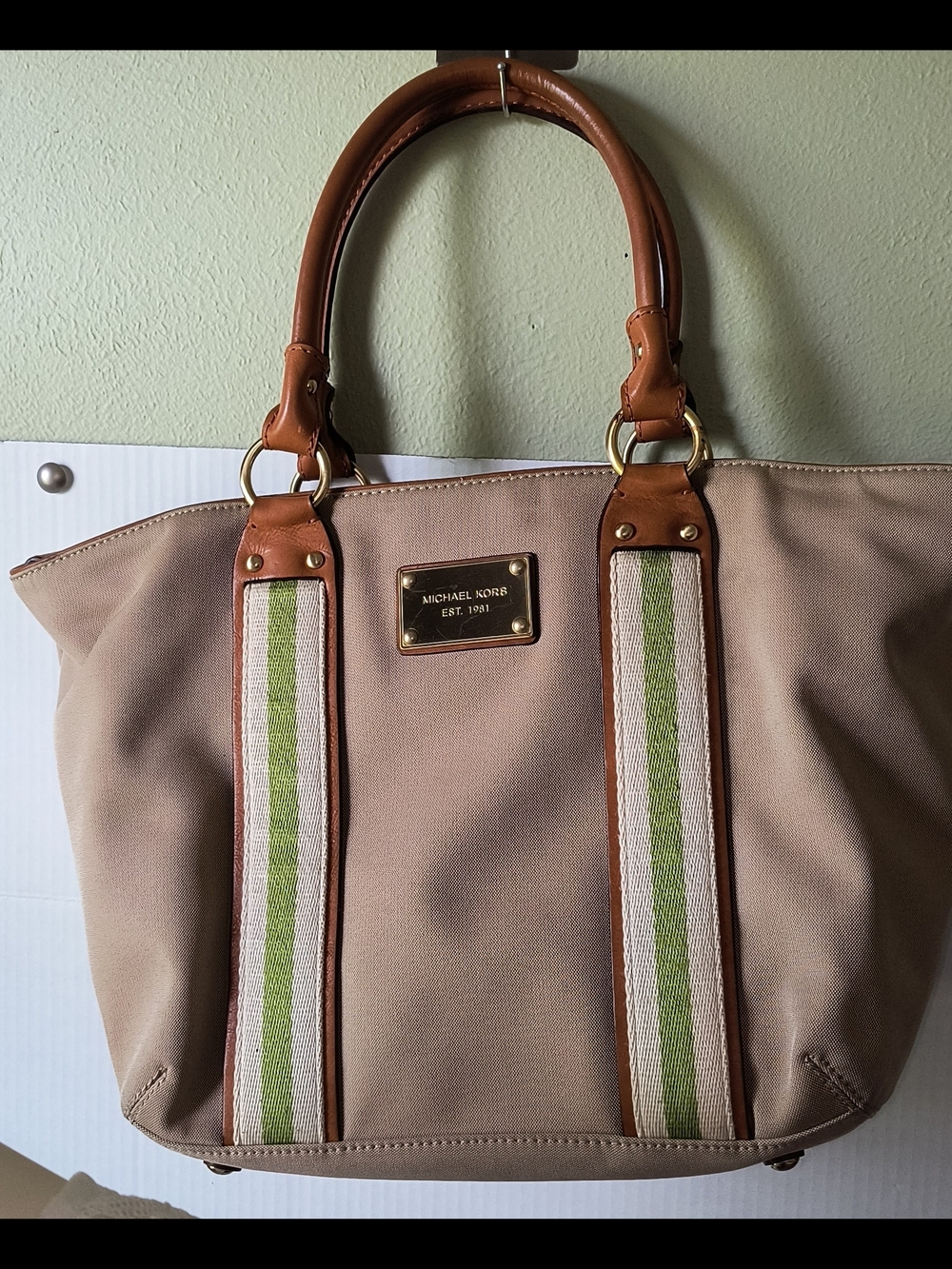 Michael Kors Beige Canvas Tote with Green Stripe and Brown Leather Trim
